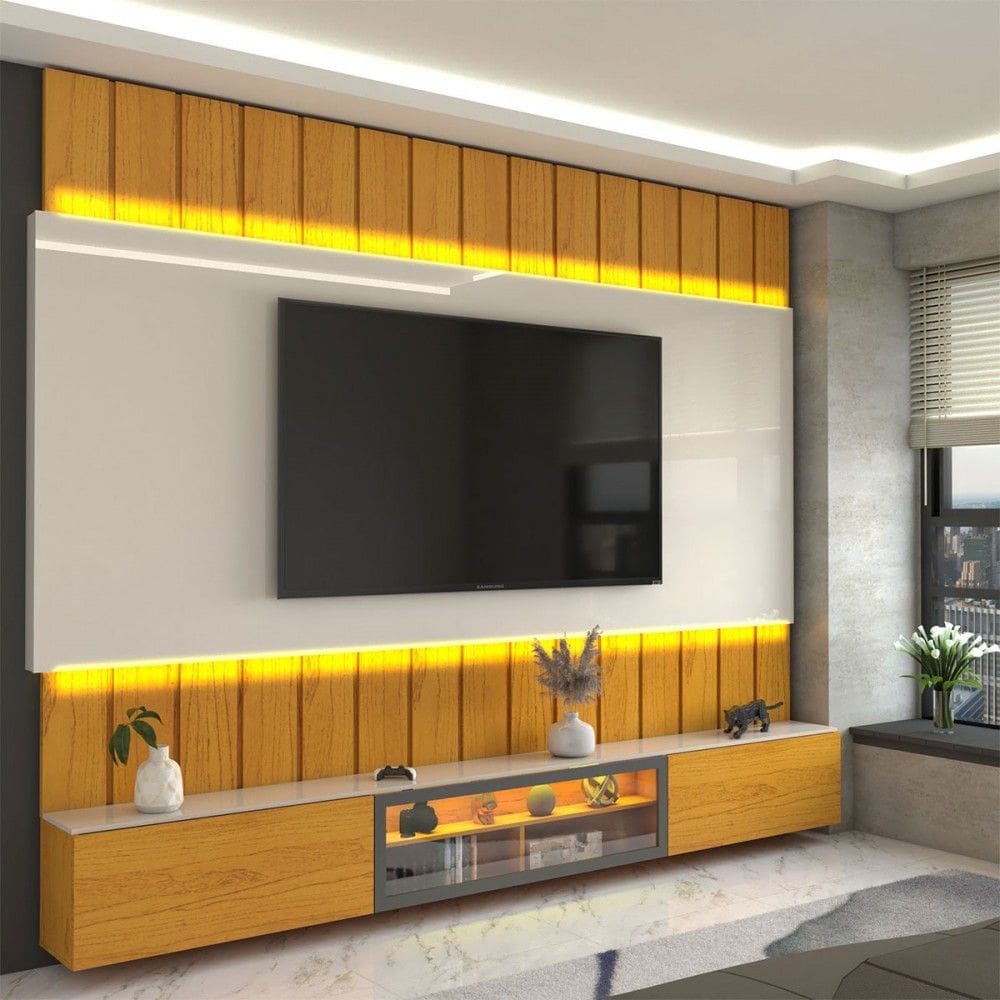 Painel para TV 85 Polegadas Imperator 3 Portas 100% Mdf com Led Naturalle/Off White - Panorama Móveis