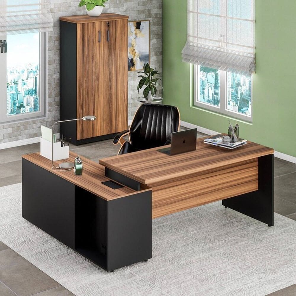 Conjunto de Mesa em L150x150cm, com Armário Alto Marrom/Preto