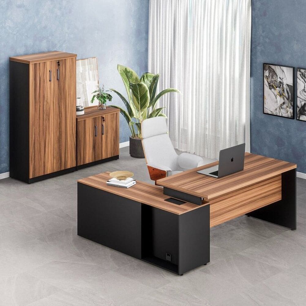 Conjunto de Mesa em L150x150cm, com Armário Baixo com Chave e Armário Alto Marrom/Preto