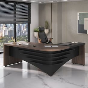 Kit com Mesa para Escritório Diretor em L e Cadeira de Escritório Presidente Lisboa Espresso Móveis Charuto/Preto
