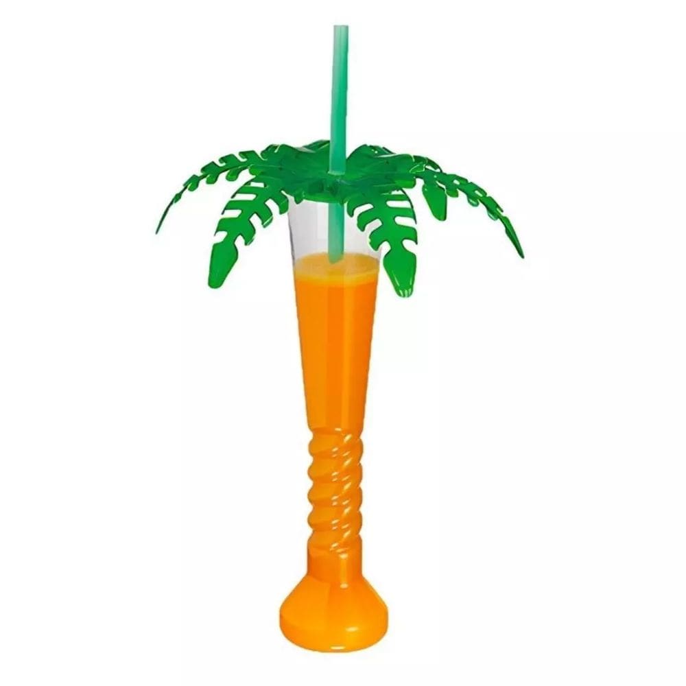 Copo Com Canudo Coqueiro Festa Tropical 350 ml 3 unidades