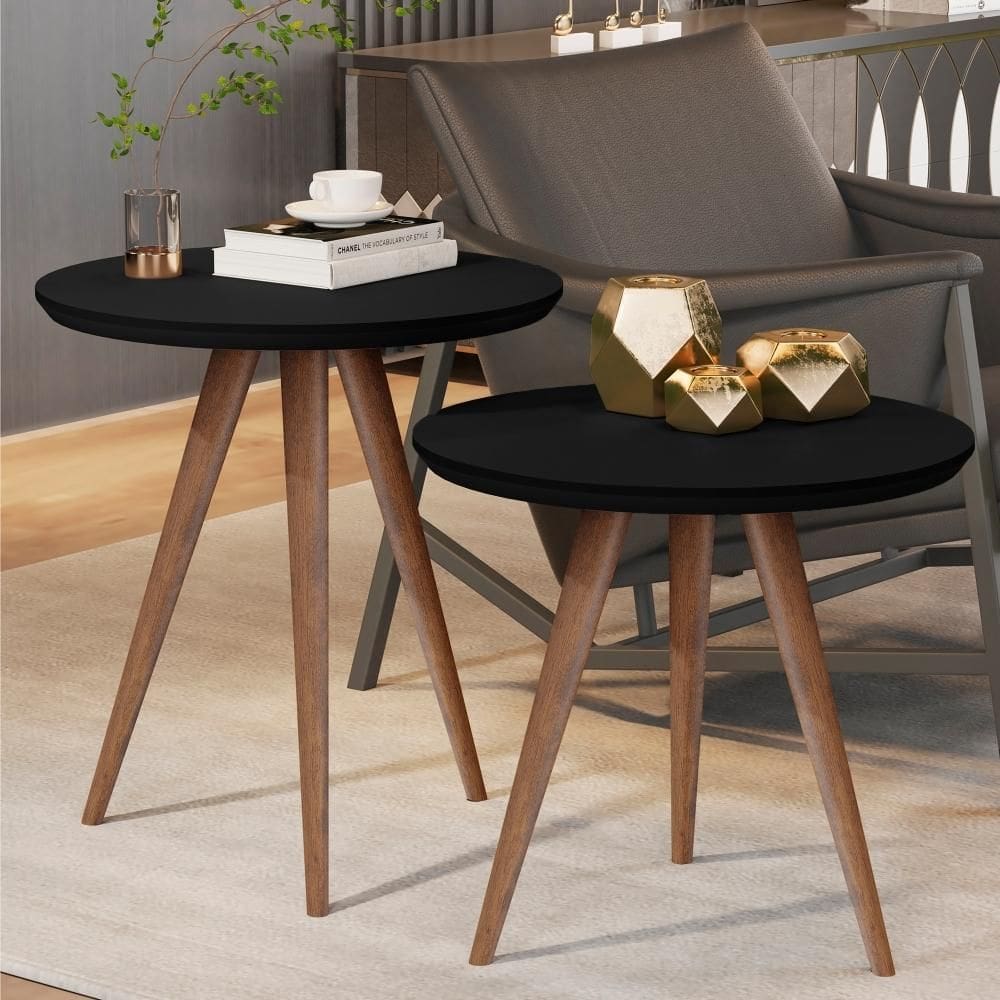 Conjunto Mesa Lateral e Apoio Sala de Estar Preto Fosco