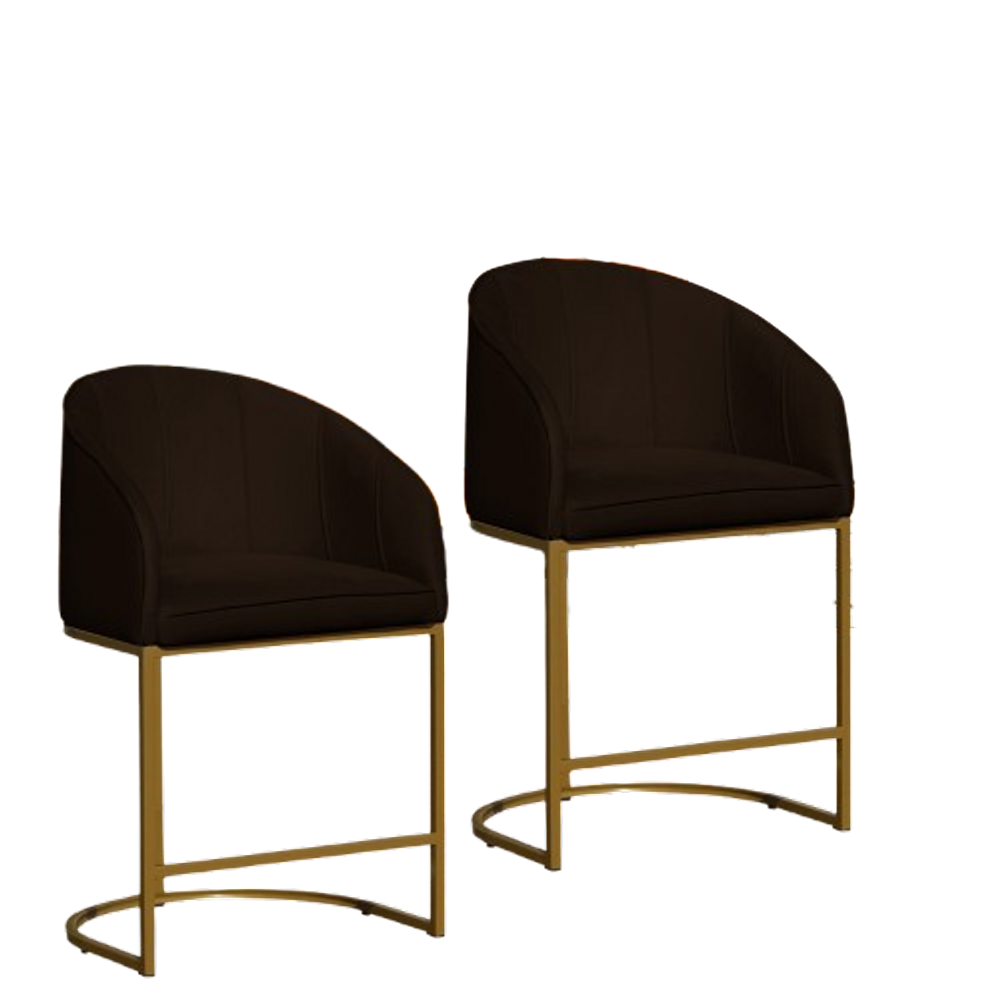 Kit 02 Poltronas Cadeira Banqueta Mia Base Dourada Veludo Marrom - Montanaris Decor