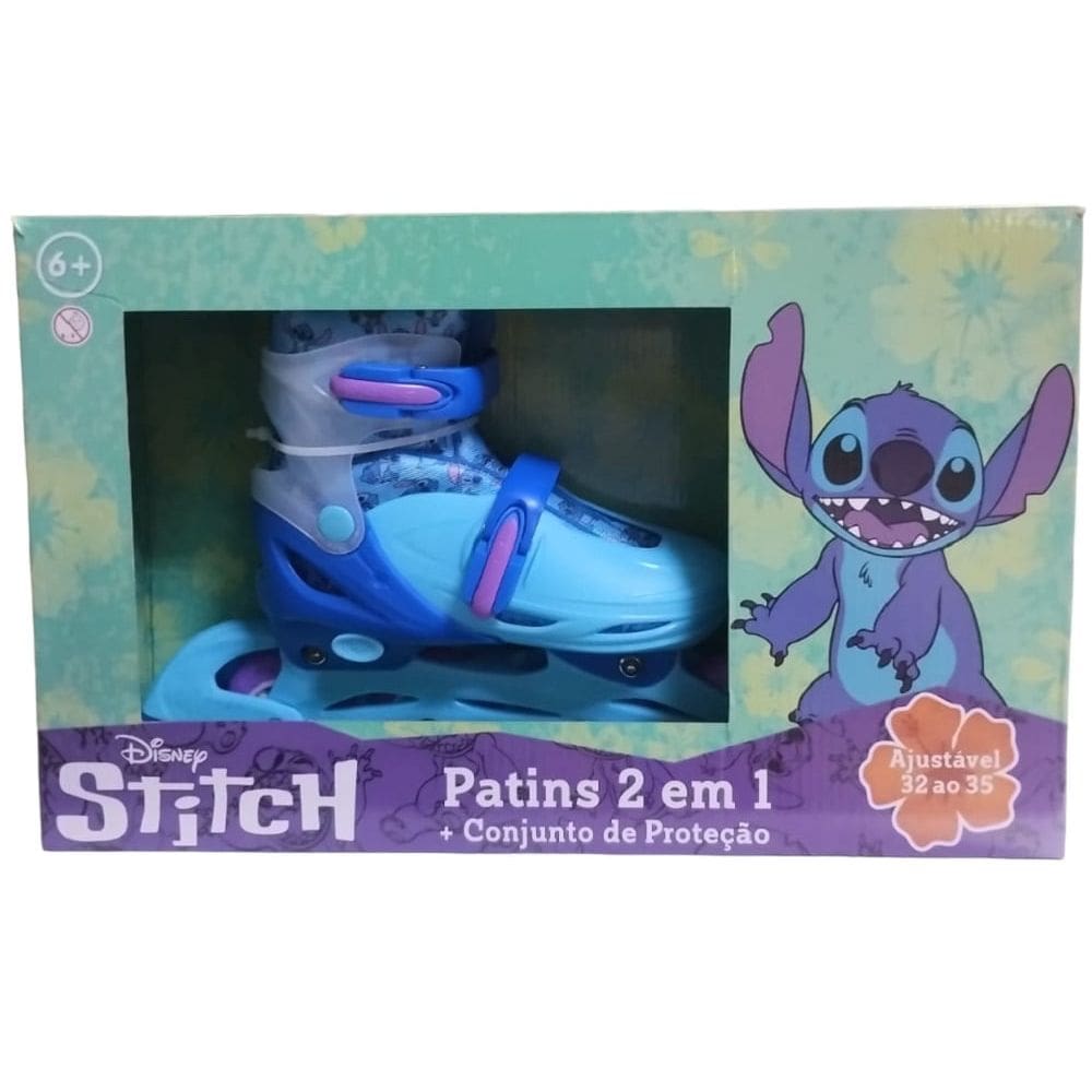 Patins Inline e Triline - Disney Stitch 2 em 1 com Conjunto de Protecao
