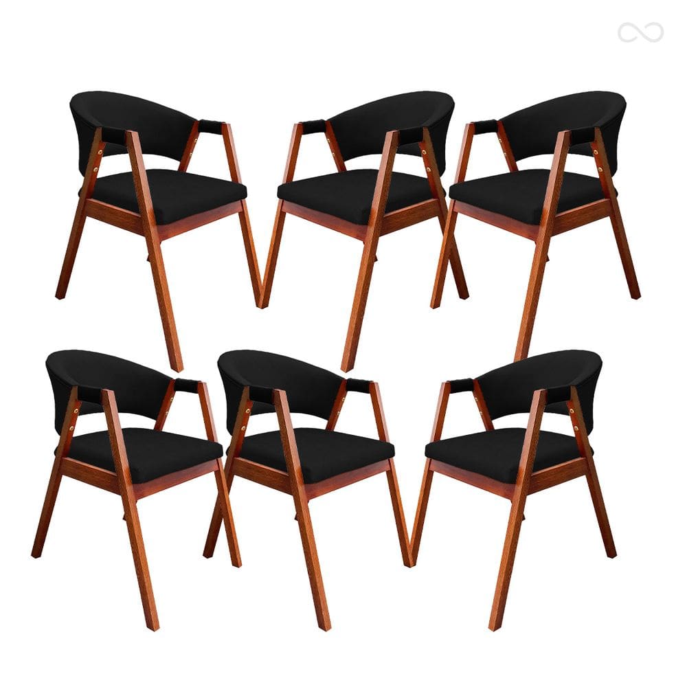 Kit 6 Cadeira Poltrona para Sala de Jantar Ravena em Madeira Castanho Suede Preto CCS