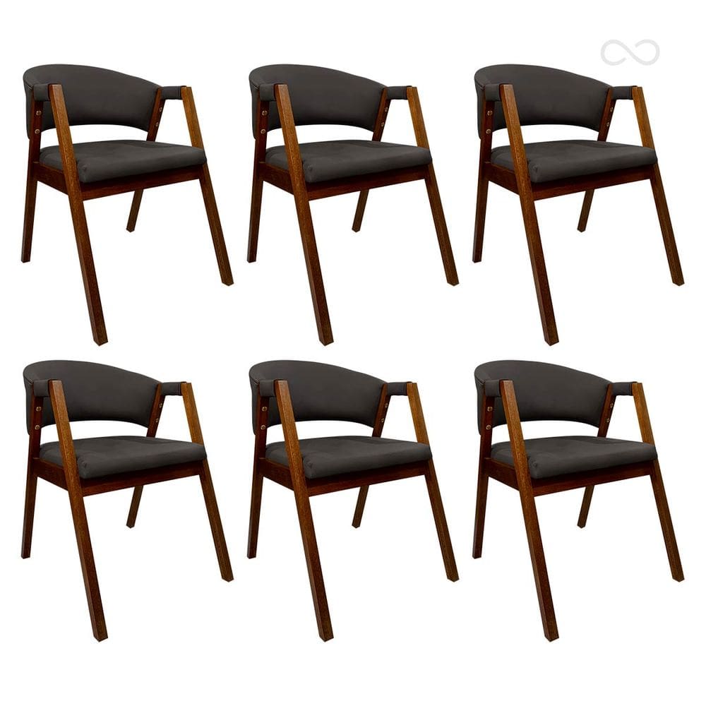 Kit 6 Cadeiras de Jantar com Braço Estofada Madeira Ravena Curva Marrom Café CCS