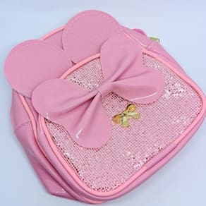 Bolsa Infantil mini Mochila de Costa ziper com Bolso Orelha da Minnie Mouse com Laço Brilho Metalizada Tendência moda