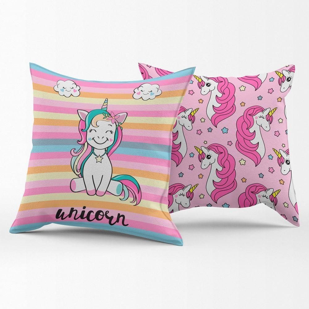 Par De Almofadas Estampadas Cheias Unicórnio Listrado Pink 45cm X 45cm Enchimento Refil Em Silicone