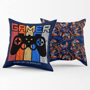 Par De Almofadas Estampadas Cheias Gamer Day Azul Marinho 45cm X 45cm Enchimento Refil Em Silicone