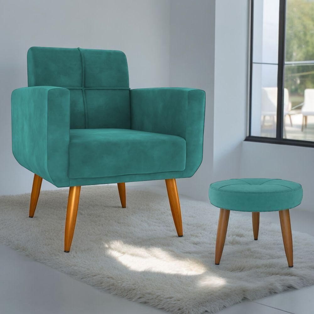 Jogo Poltrona E Puff Para Sala Oliver Veludo Verde Menta