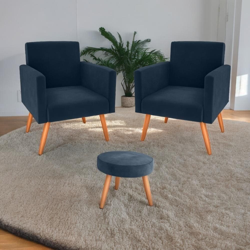 Jogo De Poltronas E Puff Livia Veludo Azul