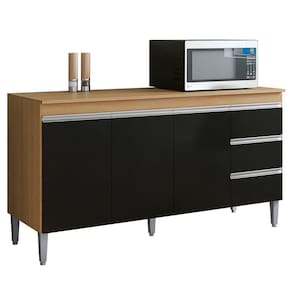 Balcão De Cozinha Com Tampo 150cm 3 Gavetas Andréia Amêndoa Preto