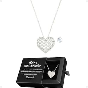 Colar Aço Inoxidável Feminina + Pingente Strass Coração Amor + Caixa Edição Limitada Social Moda