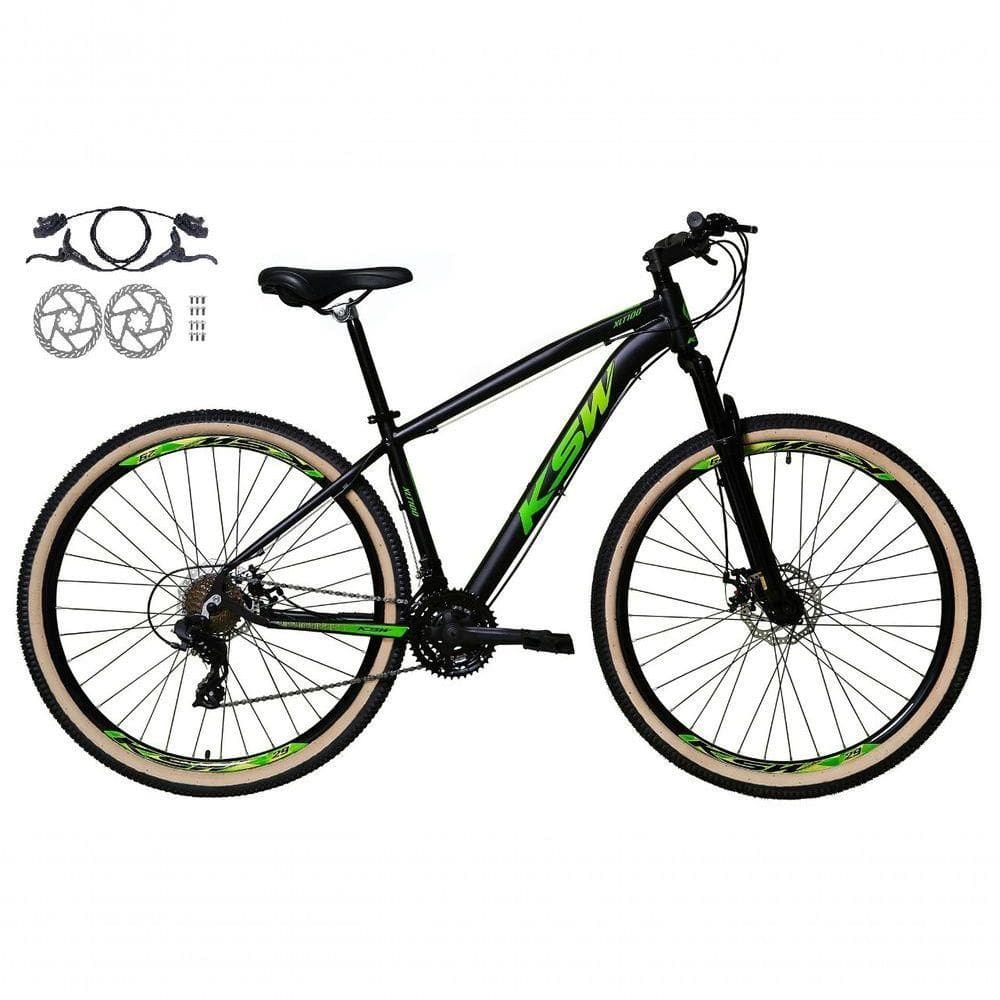 Bicicleta Aro 29 Ksw Xlt 24v Freios Disco Hidráulicos Garfo Suspensão Pneu Faixa - Preto/verde Tam.15