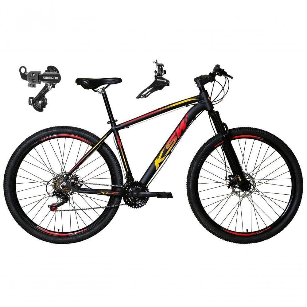 Bicicleta Aro 29 Ksw Xlt Alumínio 24v Câmbios Shimano Garfo Suspensão - Preto/vermelho/amarelo Tam.21
