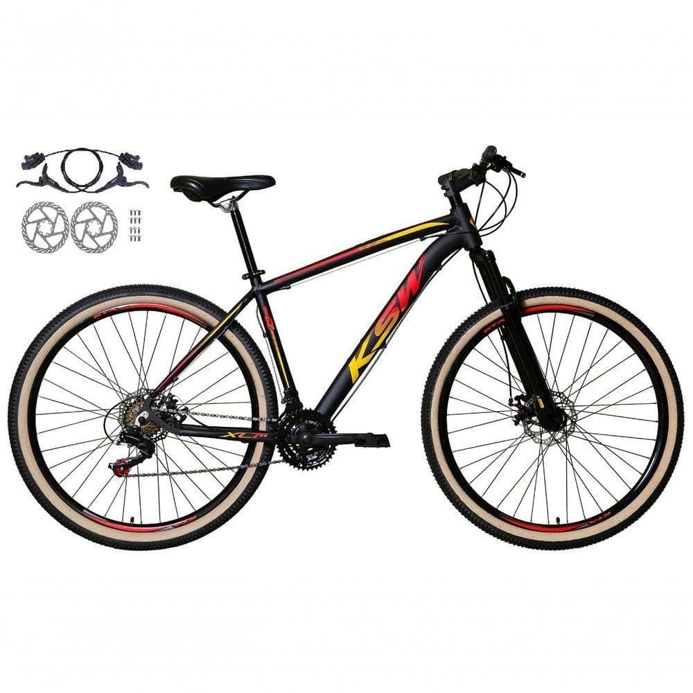 Bicicleta Aro 29 Ksw Xlt 24v Freios Disco Hidráulicos Garfo Suspensão Pneu Faixa - Preto/vermelho/amarelo Tam.19