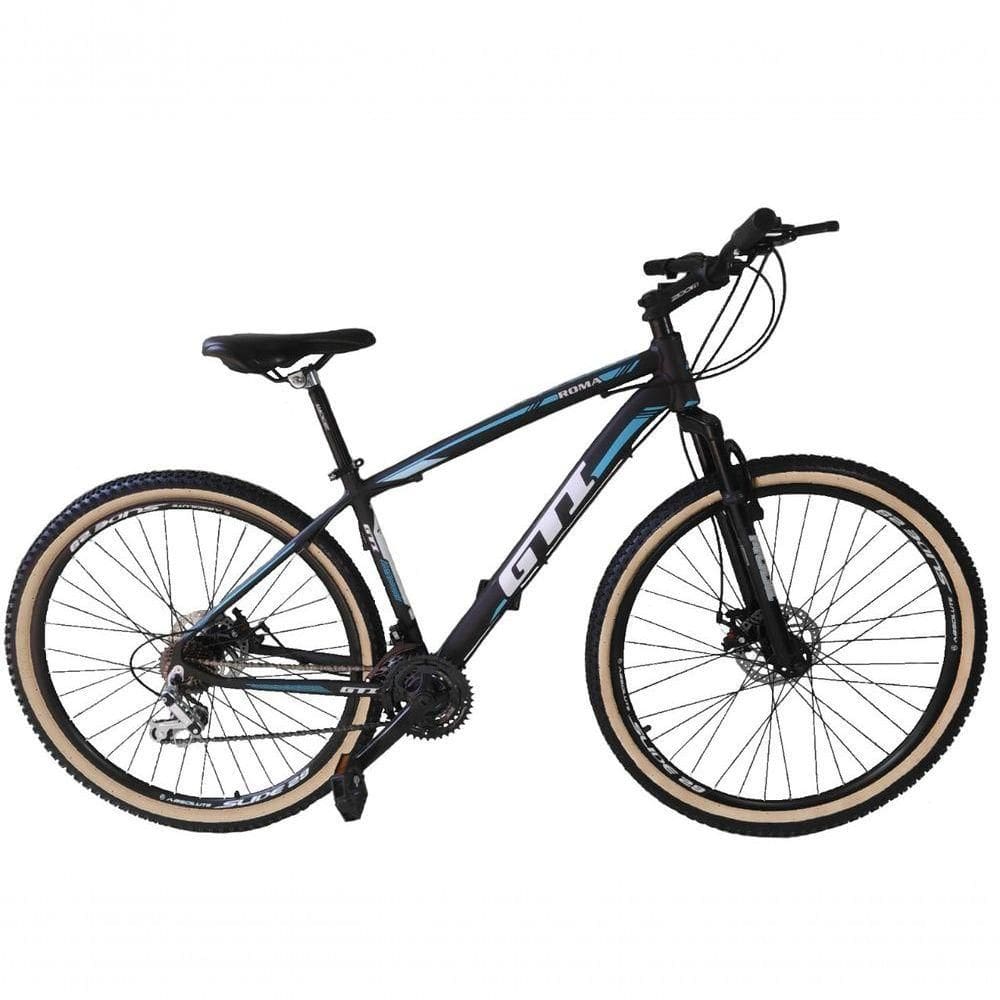 Bicicleta Aro 29 Gti Roma Alumínio 27v Freio Disco Mecânico Pneu Faixa Bege - Preto-azul Tam.15