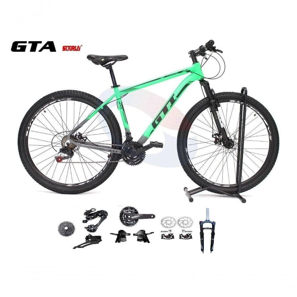 Bicicleta Aro 29 Gti Roma Kit 2x9 Gta Sunrun Freio Disco K7 11/36 Pedivela 24/38d Garfo Com Trava - Cinza/verde Tam.19