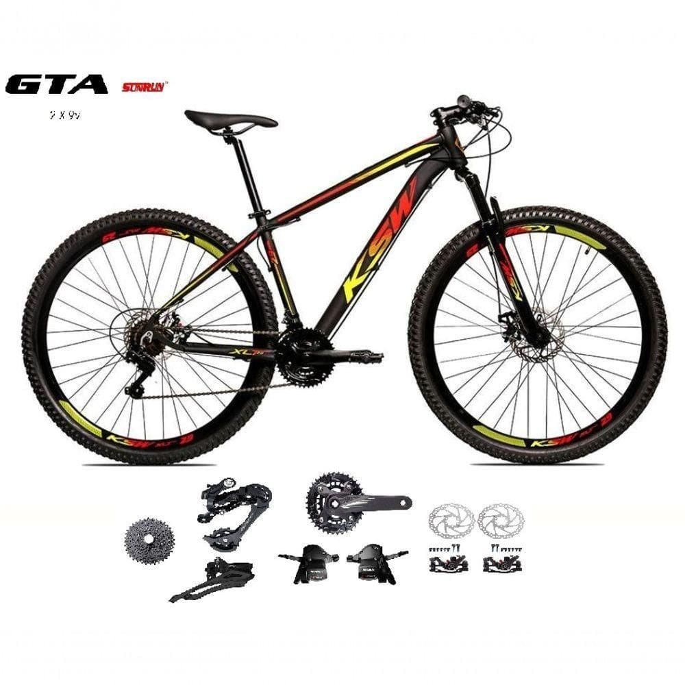 Bicicleta Aro 29 Ksw Xlt Kit 2x9 Sunrun Freio Disco K7 11/36 Pedivela 24/38d Garfo Trava - Preto/vermelho/amarelo Tam.15