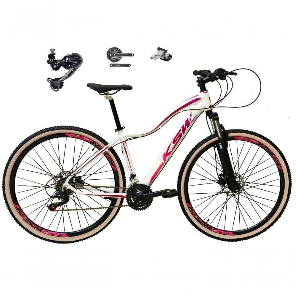 Bicicleta Feminina Aro 29 Ksw Mwza Deore E Altus 27v Hidráulico Garfo Trava Faixa Bege - Branco/pink/violeta Tam.15