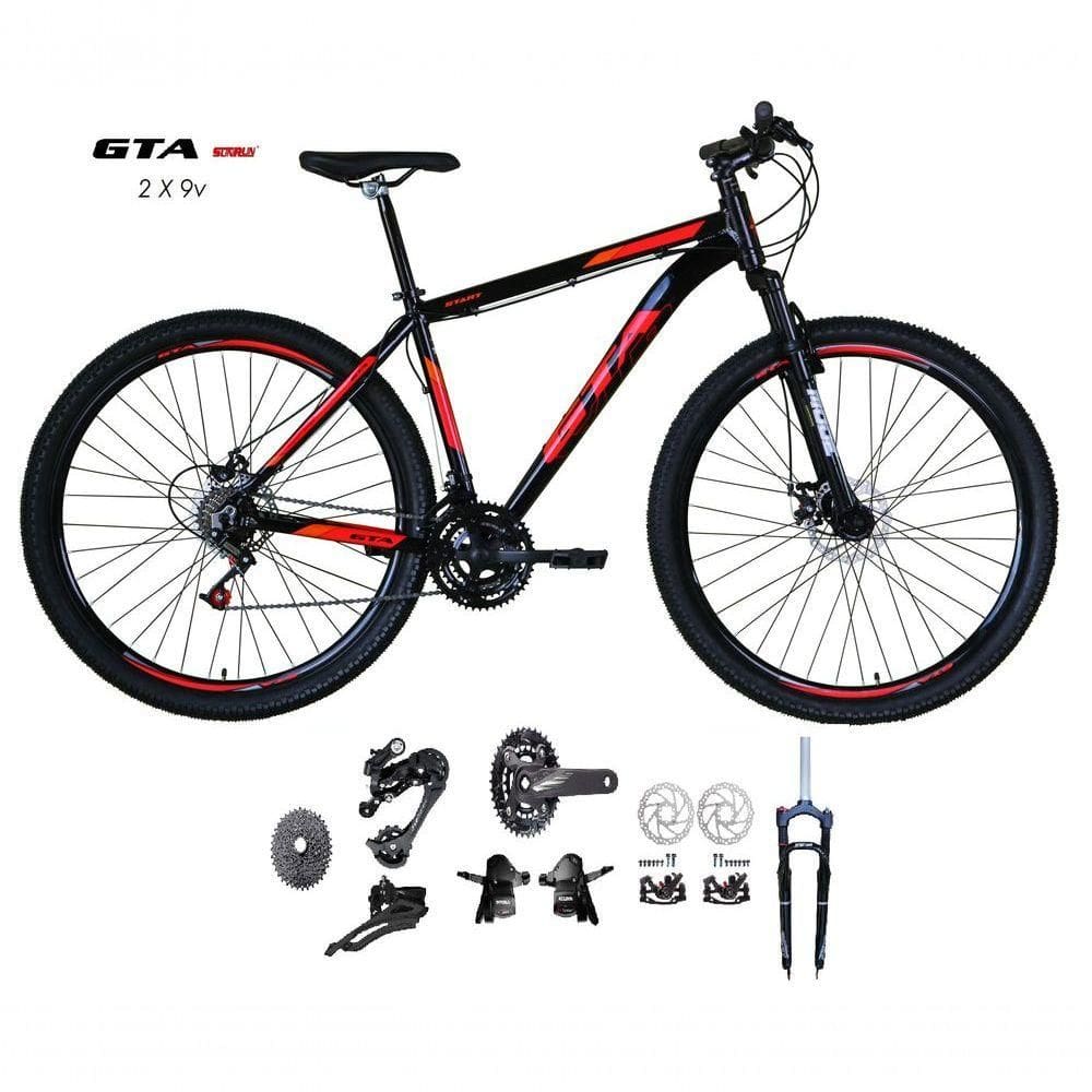 Bicicleta Aro 29 Gta Start Kit 2x9 Gta Sunrun Freio Disco K7 11/36 Pedivela 24/38d Garfo Trava - Preto/vermelho Tam.15.5