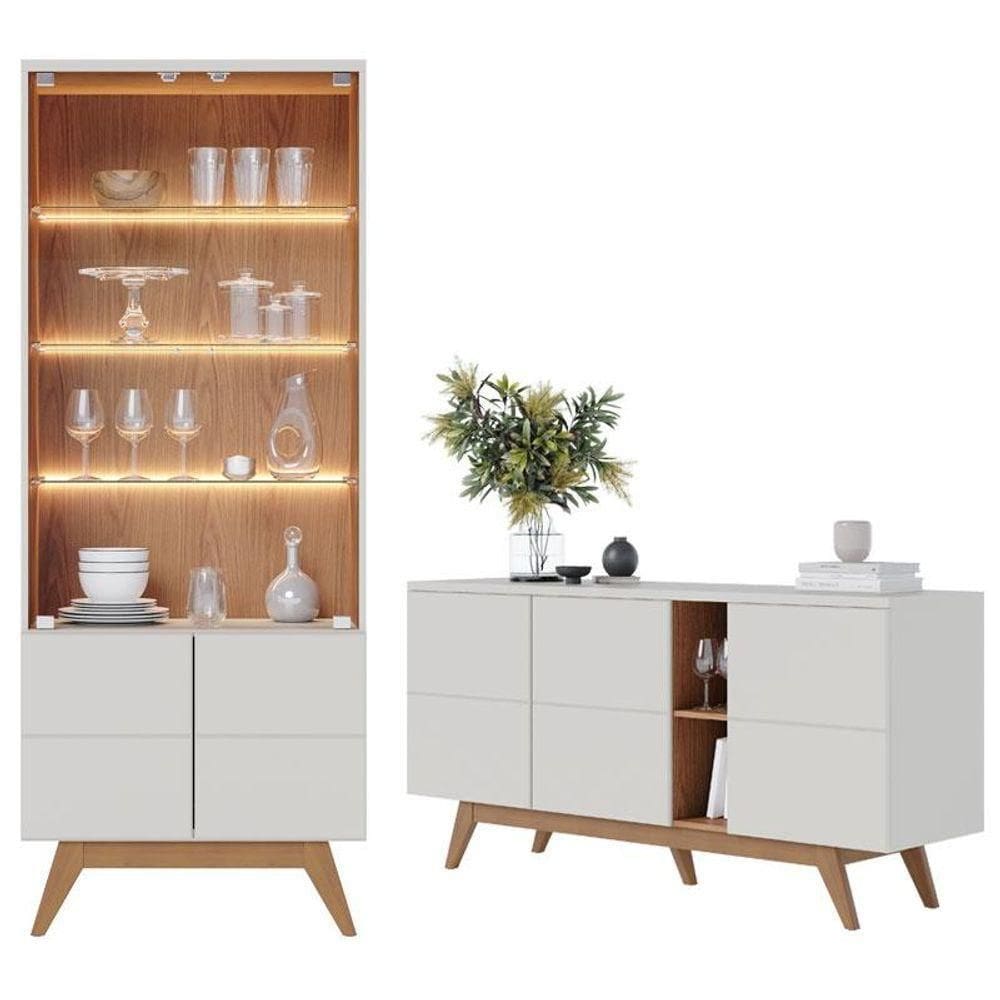 Cristaleira E Aparador Buffet Para Sala Noronha Off White Matte Freijó- Colibri