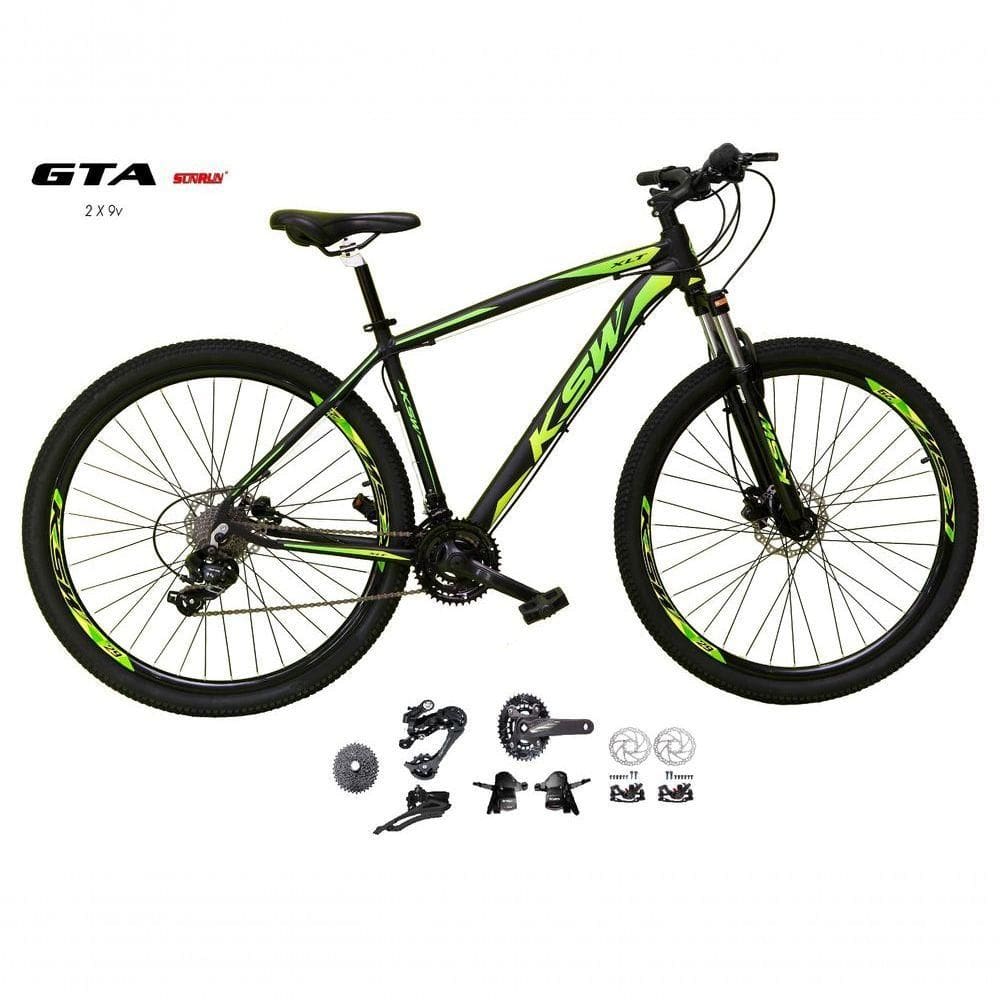 Bicicleta Aro 29 Ksw Xlt Kit 2x9 Gta Sunrun Freio Disco K7 11/36 Pedivela 24/38d Garfo Com Trava - Preto/verde Tam.21