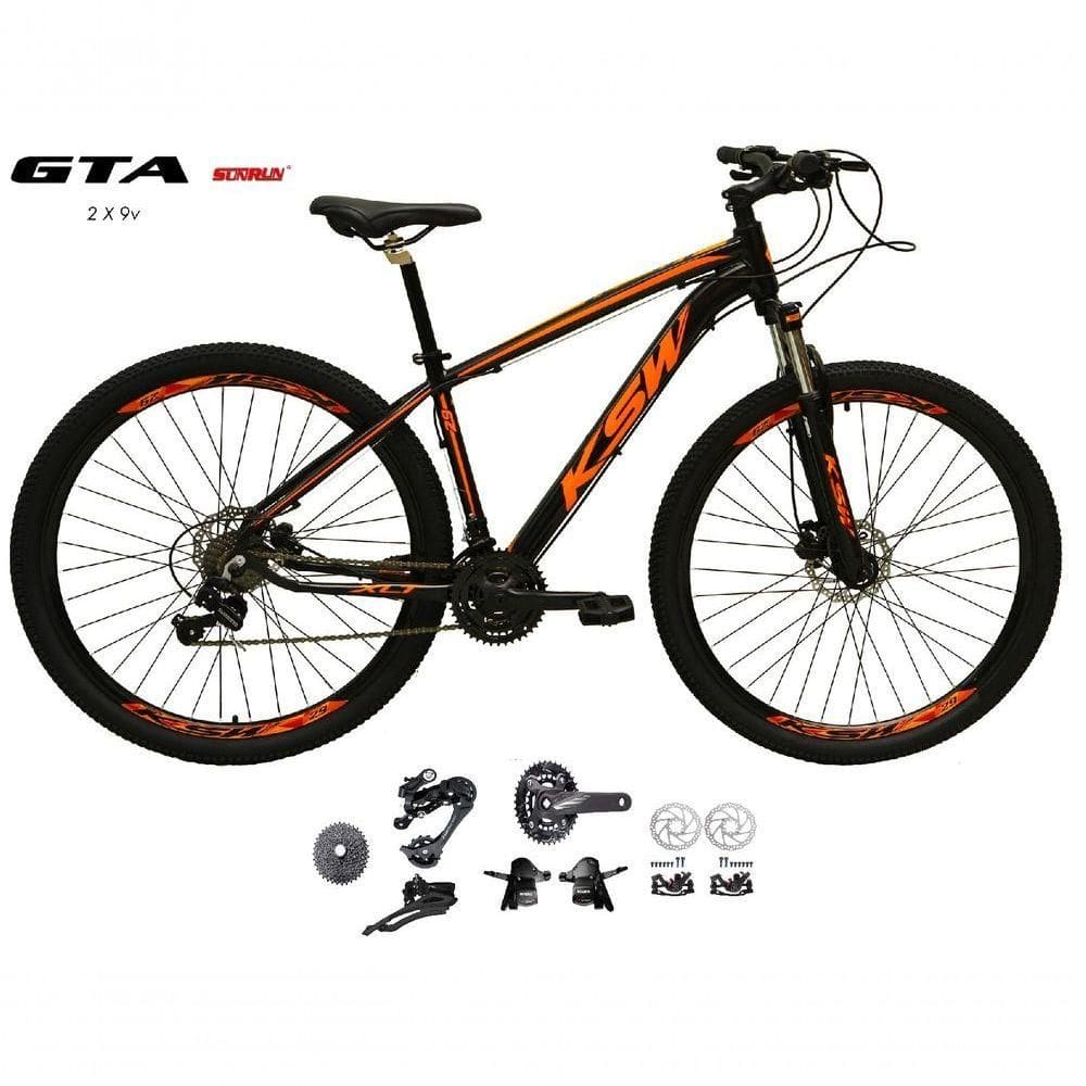 Bicicleta Aro 29 Ksw Xlt Kit 2x9 Gta Sunrun Freio Disco K7 11/36 Pedivela 24/38d Garfo Com Trava - Preto/laranja Tam.21
