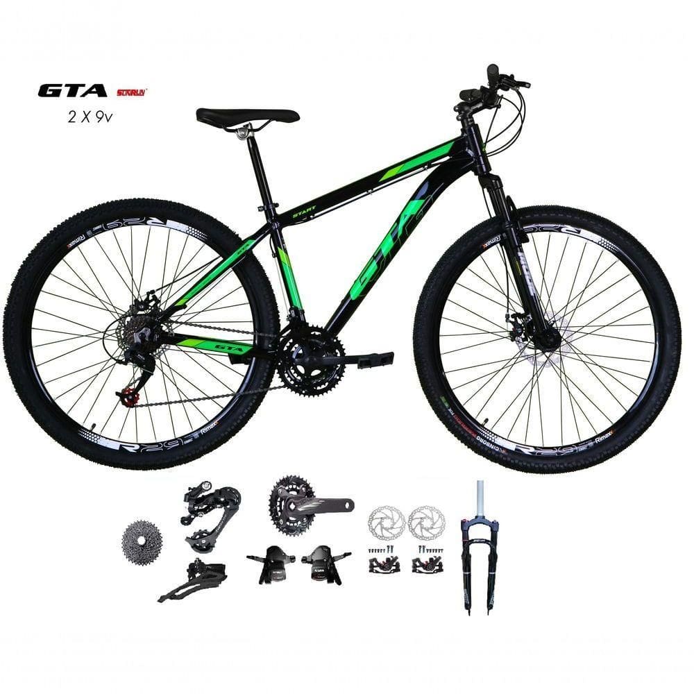 Bicicleta Aro 29 Gta Start Kit 2x9 Gta Sunrun Freio Disco K7 11/36 Pedivela 24/38d Garfo Com Trava - Preto/verde 17
