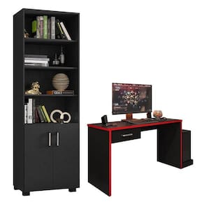 Mesa Para Computador Gamer Drx 9000 E Livreiro Office Com Portas Pequenas Preto Trama Vermelho - Móveis Leão