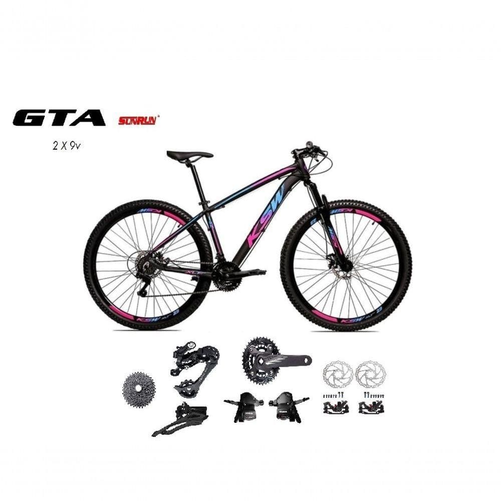 Bicicleta Aro 29 Ksw Xlt Kit 2x9 Gta Sunrun Freio Disco K7 11/36 Pedivela 24/38d Garfo Trava - Preto/pink/azul Tam.17