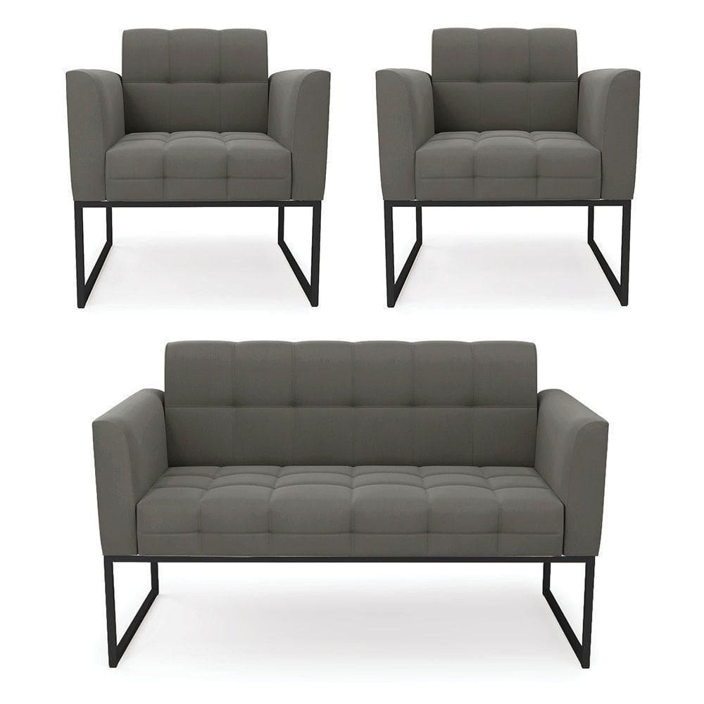 Kit 1 Sofá Namoradeira E 2 Poltronas Suede Base Metálica Industrial Preto - D`rossi Cor Grafite