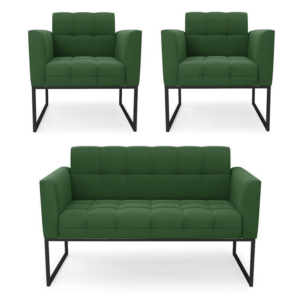 Kit 1 Sofá Namoradeira E 2 Poltronas Elisa Suede Base Metálica Industrial Preto - D`rossi Cor Verde