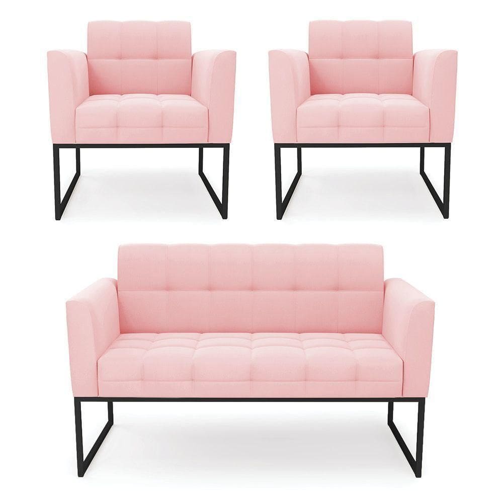 Kit 1 Sofá Namoradeira E 2 Poltronas Suede Base Metálica Industrial Preto - D`rossi Cor Rosa Bebê