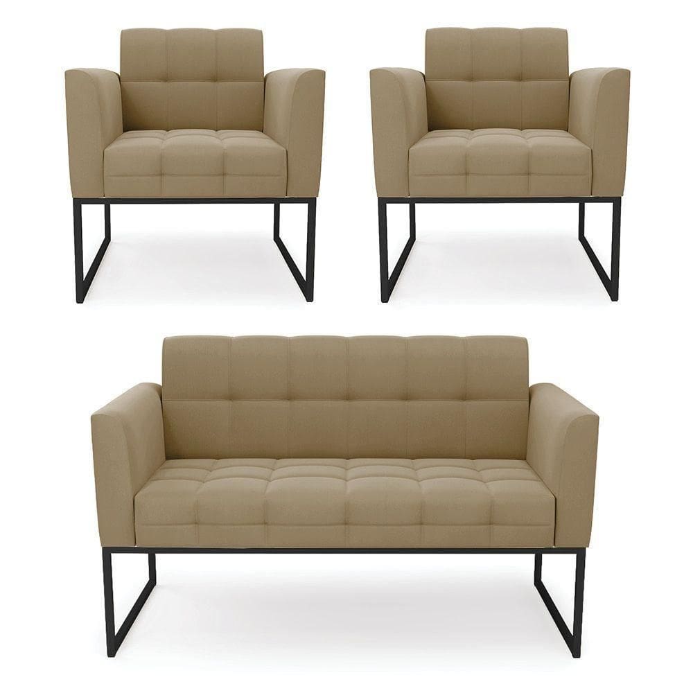 Kit 1 Sofá Namoradeira E 2 Poltronas Suede Marrom Rato Base Metálica Industrial Preto - D`rossi