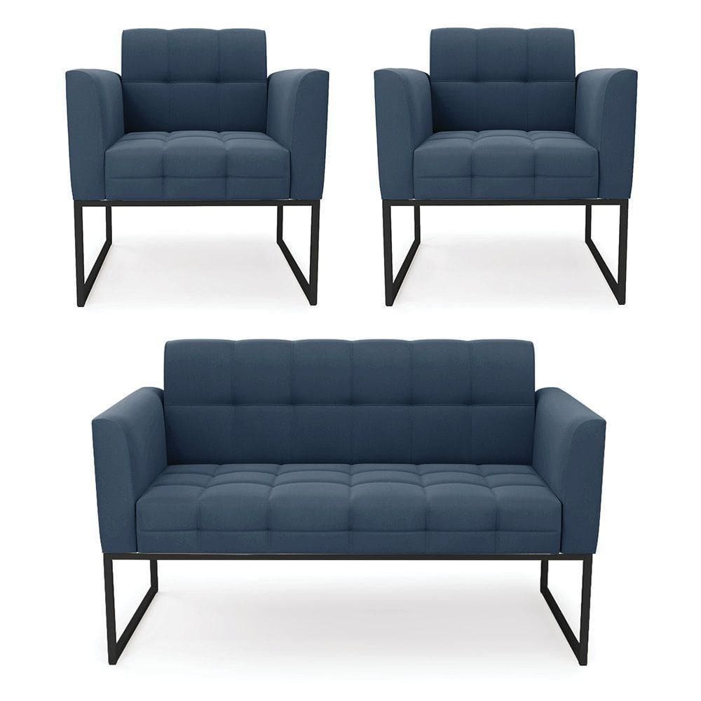 Kit 1 Sofá Namoradeira E 2 Poltronas Suede Base Metálica Industrial Preto D`rossi Cor Azul Marinho