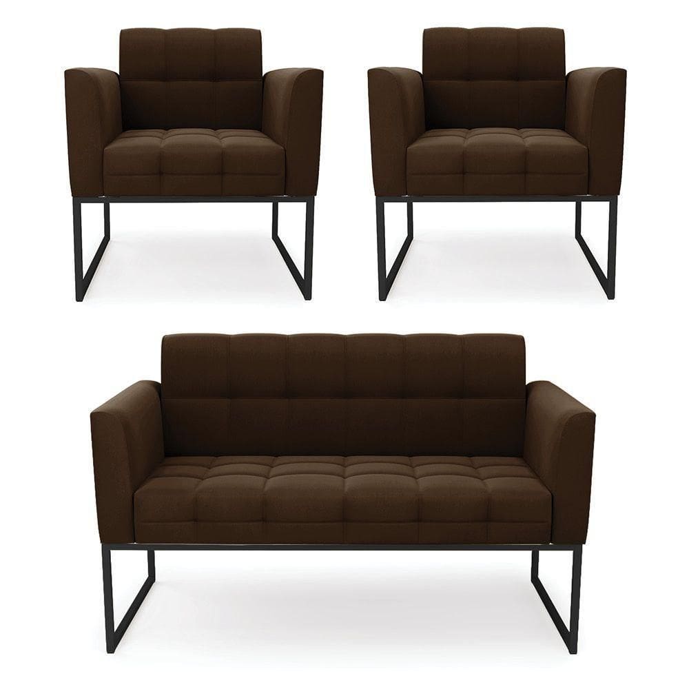 Kit 1 Sofá Namoradeira E 2 Poltronas Elisa Suede Base Metálica Industrial Preto - D`rossi Cor Marrom