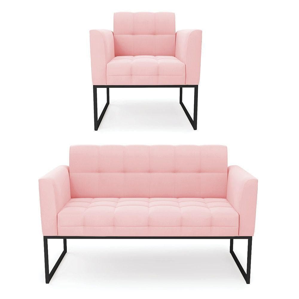 Kit 1 Sofá Namoradeira E 1 Poltrona Elisa Suede Rosa Bebê Base Metálica Industrial Preto - D`rossi