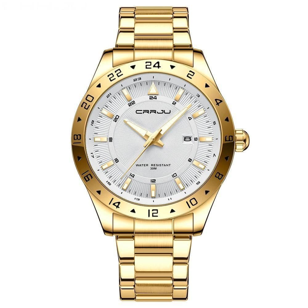 Relógio De Quartzo Design Ouro Aço Inoxidável Com Ponteiross Branco Dourado
