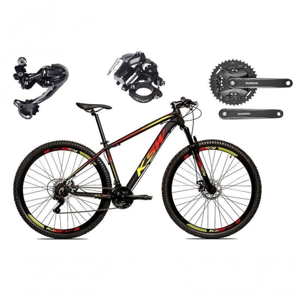 Bicicleta Aro 29 Ksw Xlt Shimano Deore E Altus 27v Freio Hidráulico Garfo Trava - Preto-vermelho-amarelo Tam.17