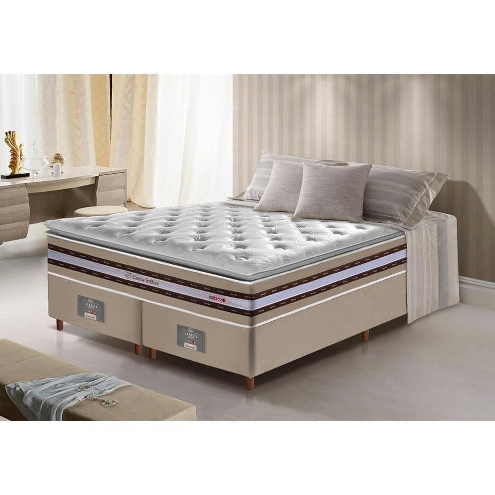 Conjunto Cama Box Queen De Molas Ensacadas D33 Com Pillow Top Cama Inbox Select 158x198x71 Bege