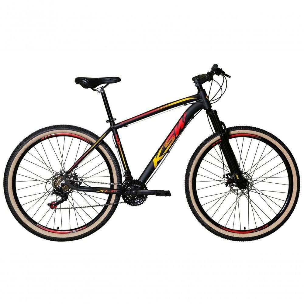 Bicicleta Aro 29 Ksw Xlt Alumínio 27v Freio Disco Mecânico Garfo Suspensão Pneu Faixa - Preto/vermelho/amarelo Tam.15