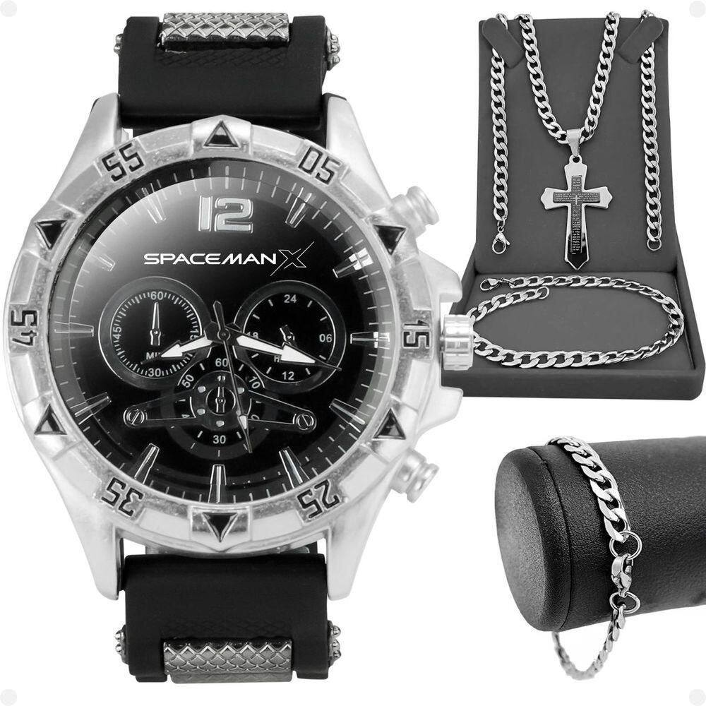 Relógio Masculino Prateado + Cordão Prata Grumet + Pulseira Inoxidável Casual