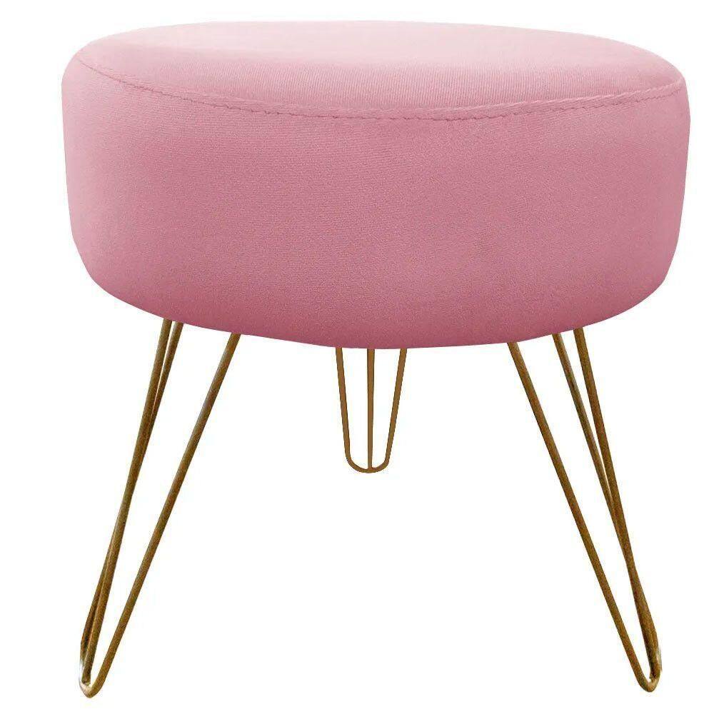 Puff Decorativos Sala Quarto Tunísia Veludo Rose Base Dourado - Star Confort Rose E Dourado