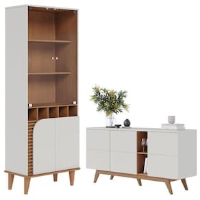 Cristaleira Jurerê E Aparador Buffet Para Sala Noronha Off White Matte Freijó- Colibri