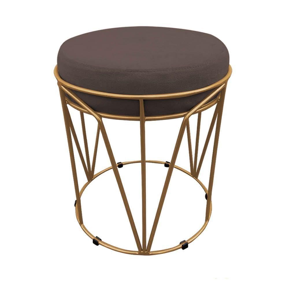 Puff Multiuso Com Mesa 2 Em 1 Suede Marrom Base Dourado