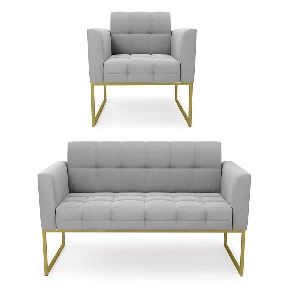 Kit 1 Sofá Namoradeira E 1 Poltrona Suede Base Metálica Industrial Dourado - D\`rossi Cor Cinza