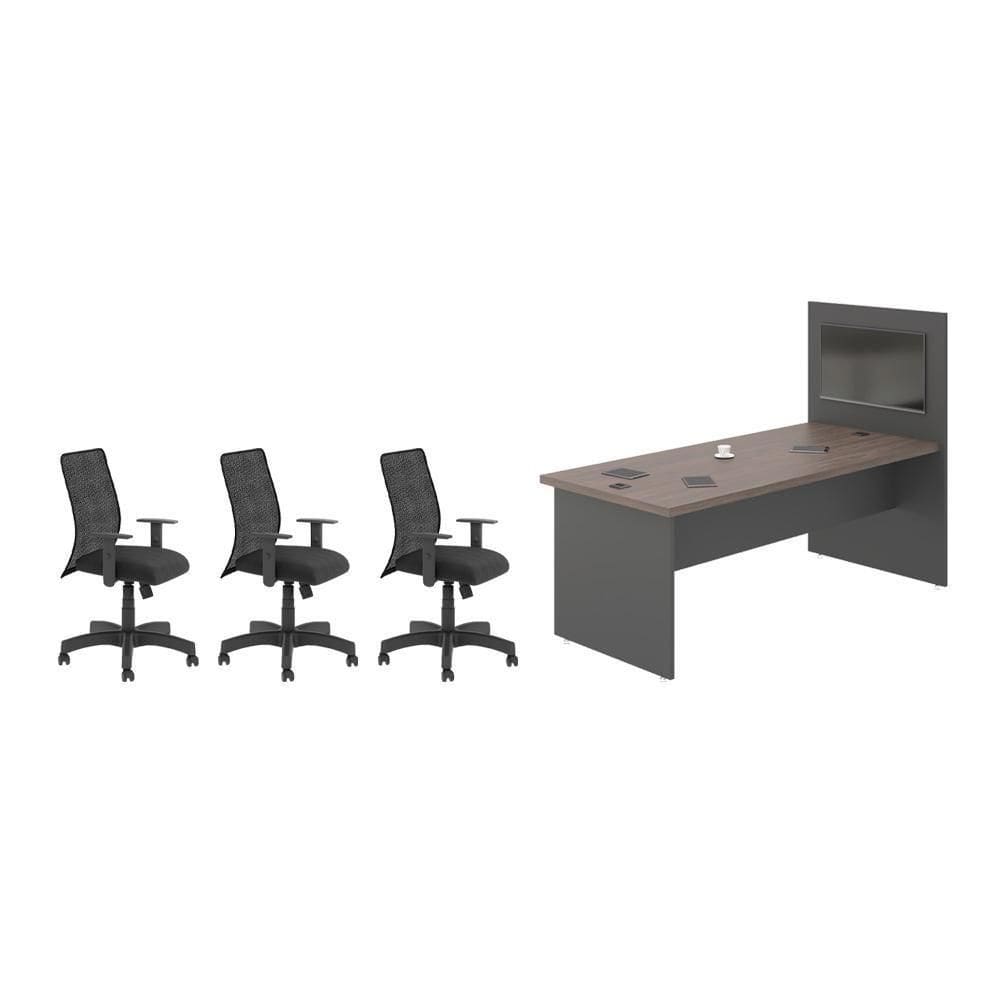 Jogo Painel E Mesa De Escritório Com 3 Cadeiras Freijó Preto