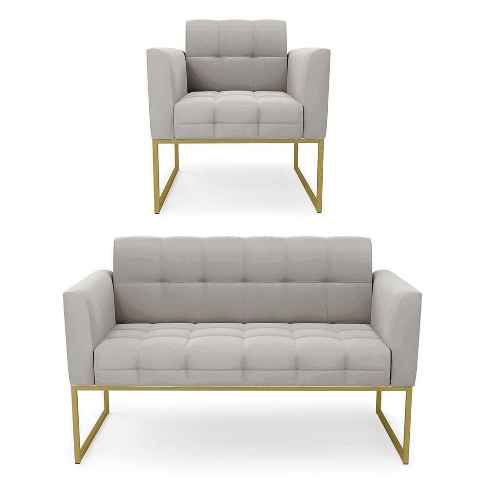 Kit 1 Sofá Namoradeira E 1 Poltrona Elisa Veludo Cinza Base Metálica Industrial Dourado - D`rossi