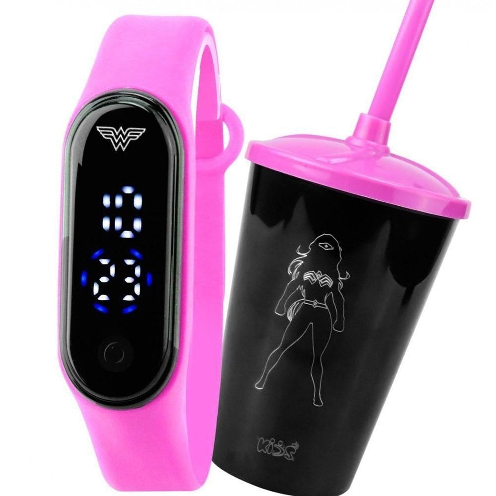 Relogio Digital Prova Dagua + Copo Mulher Maravilha Infantil